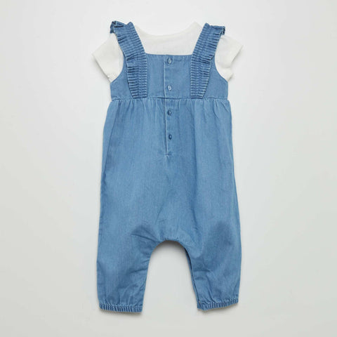 Ensemble salopette effet jean + body + bandeau - 3 pièces