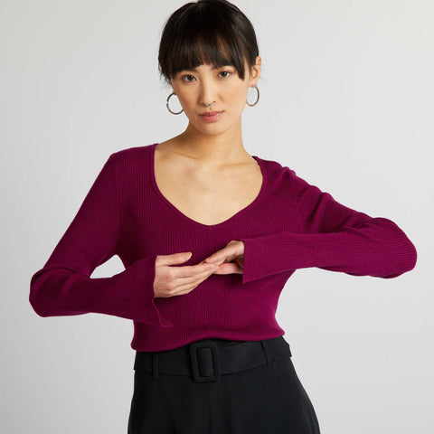 Pull côtelé à encolure cœur
