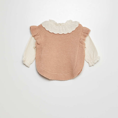 Pull effet 2 en 1 avec manches en gaze de coton