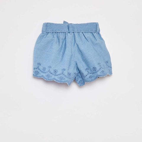 Short en denim brodé avec lien à nouer