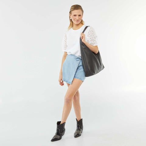 T-shirt uni manches courtes avec borderies anglaises