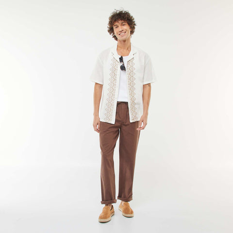 Chemise manches courtes en lin mélangé avec broderies