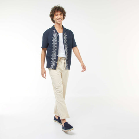 Chemise manches courtes en lin mélangé avec broderies
