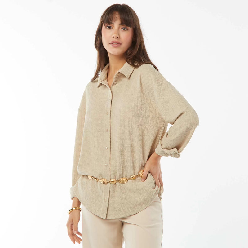 Chemisier oversize en maille crinckle – Beige – Kiabi Maroc