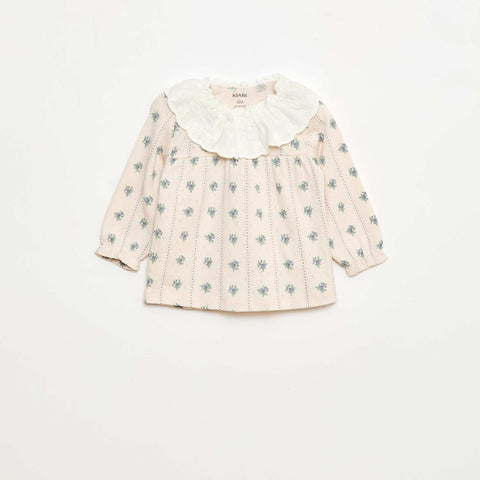 T-shirt en maille pointelle avec col brodé