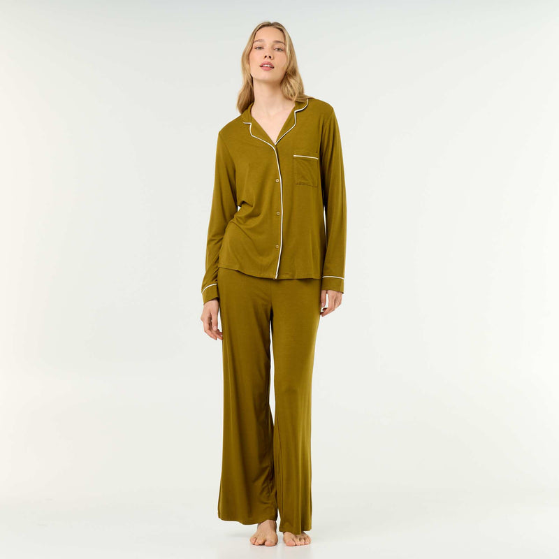 Pyjama long en maille douce stretch - 2 pièces – Vert – Kiabi Maroc
