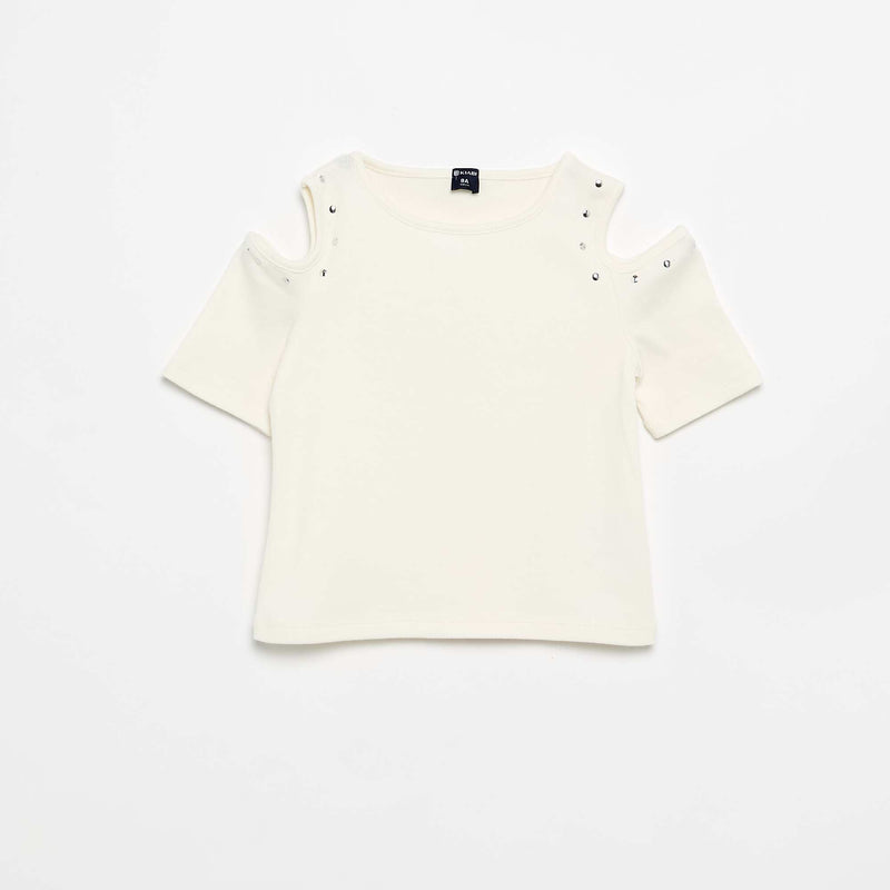 T-shirt côtelé avec clous et épaules nues – Blanc – Kiabi Maroc