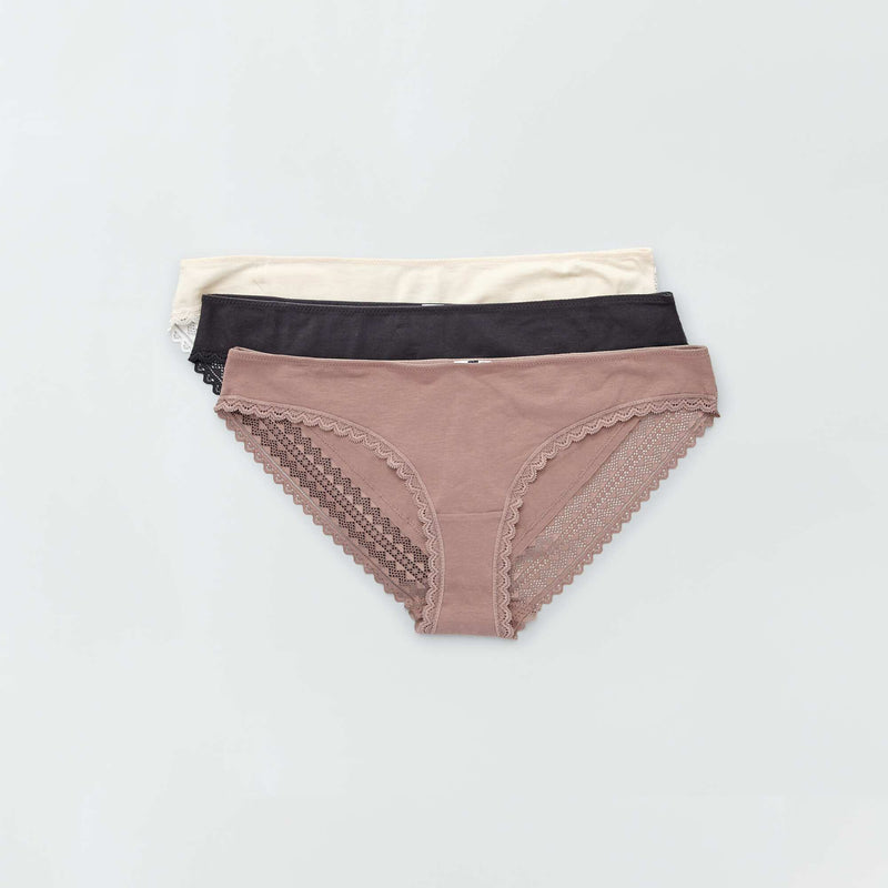 Lot de 3 culottes coton dentelle – écru/vieux rose/gris foncé – Kiabi Maroc