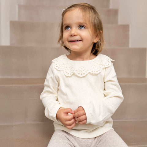 T-shirt en maille pointelle col claudine en broderie anglaise