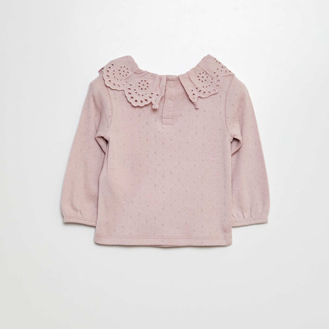 T-shirt en maille pointelle col claudine en broderie anglaise