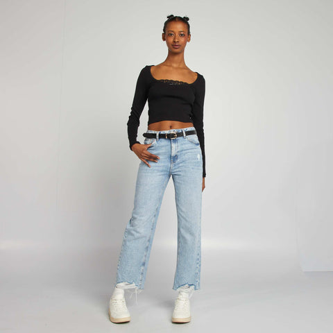 T-shirt crop top côtelé manches longues