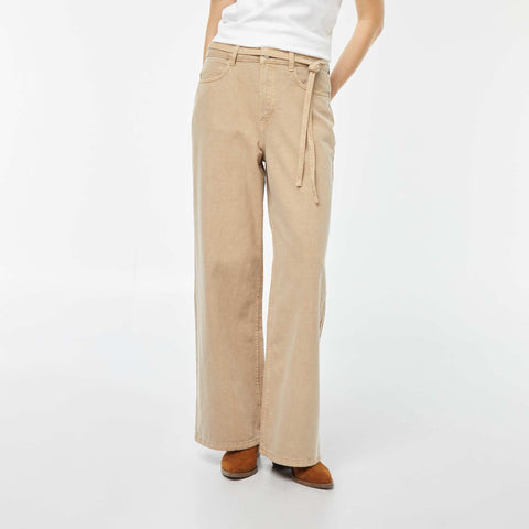 Pantalon large à taille haute en twill avec ceinture à nouer