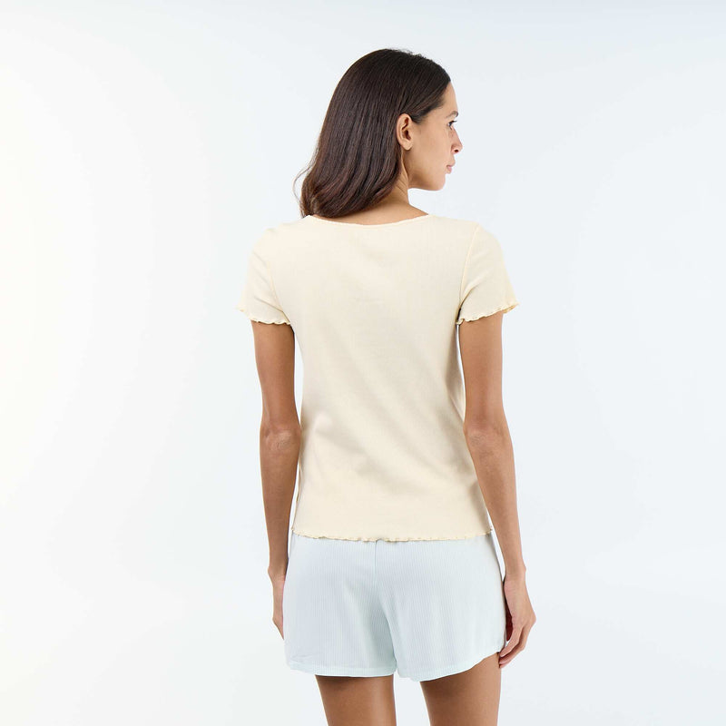 T-shirt uni en maille côtelé manches courtes