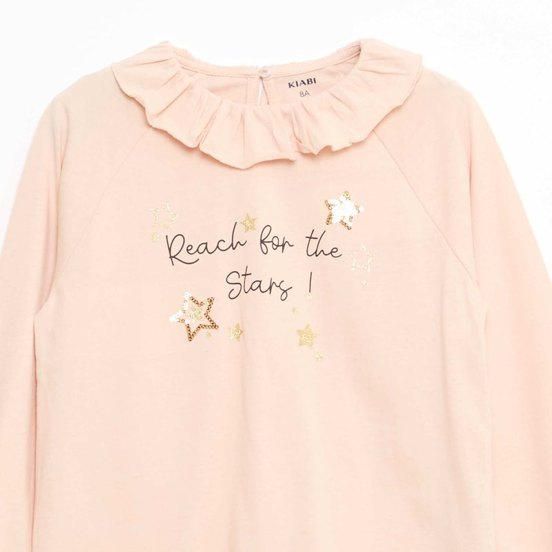 T-shirt col volanté animé en coton
