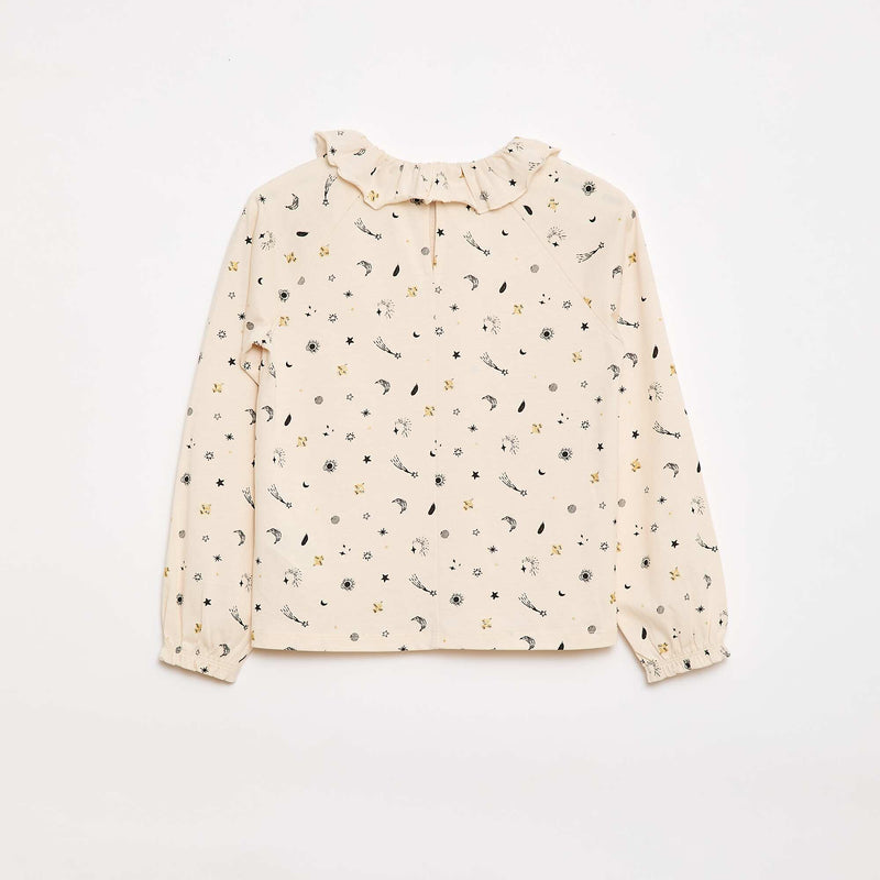 T-shirt col volanté animé en coton