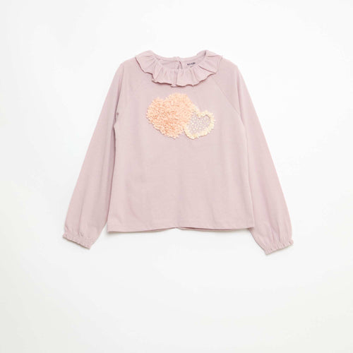 T-shirt col volanté animé en coton