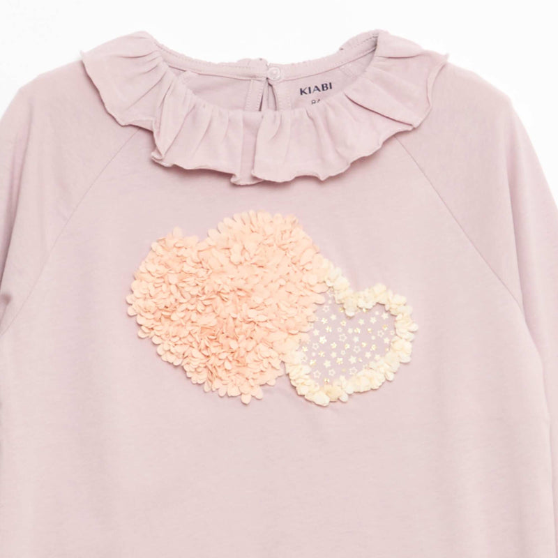 T-shirt col volanté animé en coton