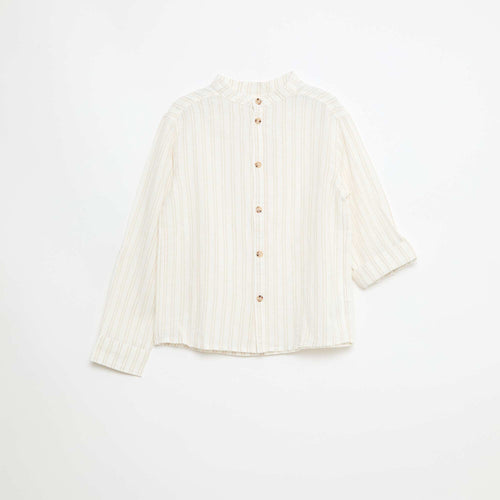 Chemise col mao rayée en coton et lin
