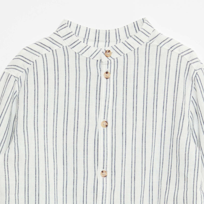 Chemise col mao rayée en coton et lin