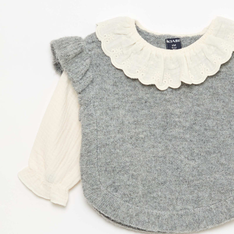 Pull 2 en 1 ave collerette en broderies anglaises