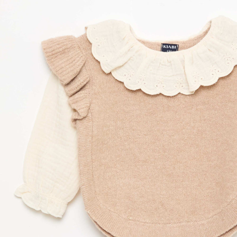 Pull 2 en 1 ave collerette en broderies anglaises