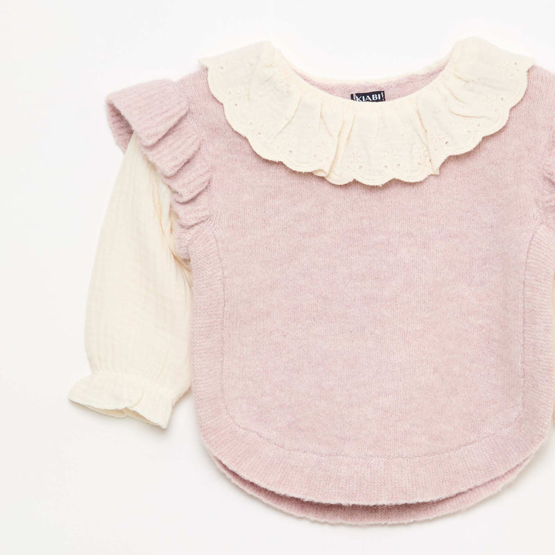 Pull 2 en 1 ave collerette en broderies anglaises
