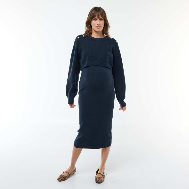 Robe midi côtelée + pull cropped de maternité