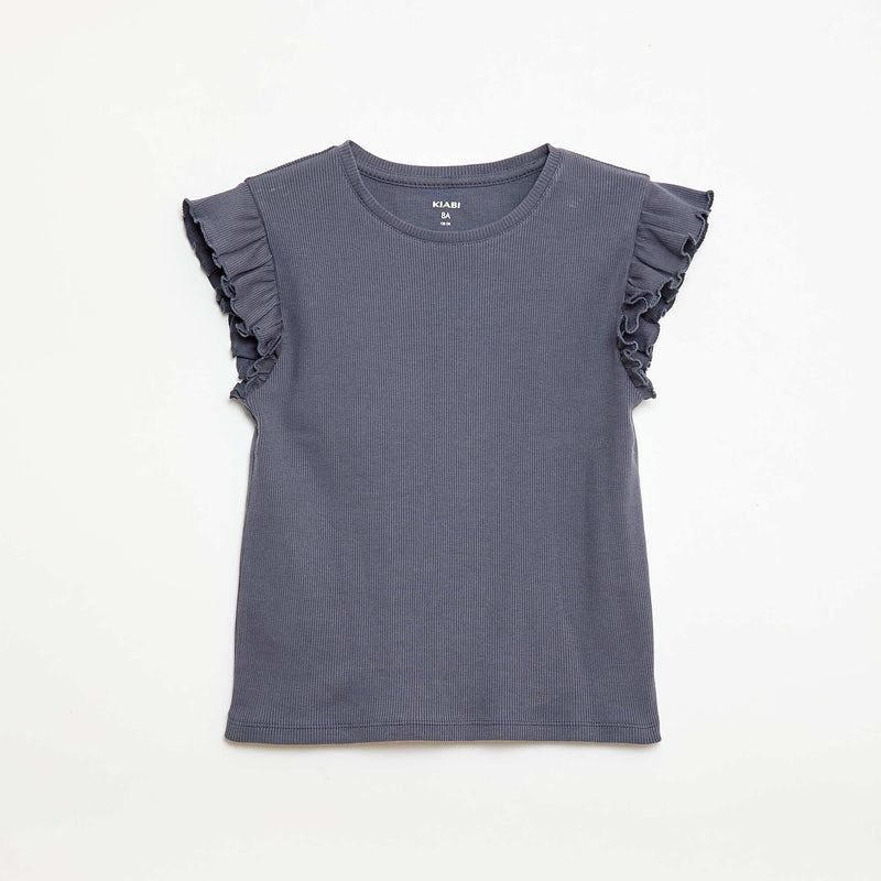 T-shirt côtelé à manches volantées