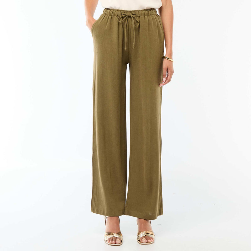 Pantalon large femme en lin à taille élastiquée