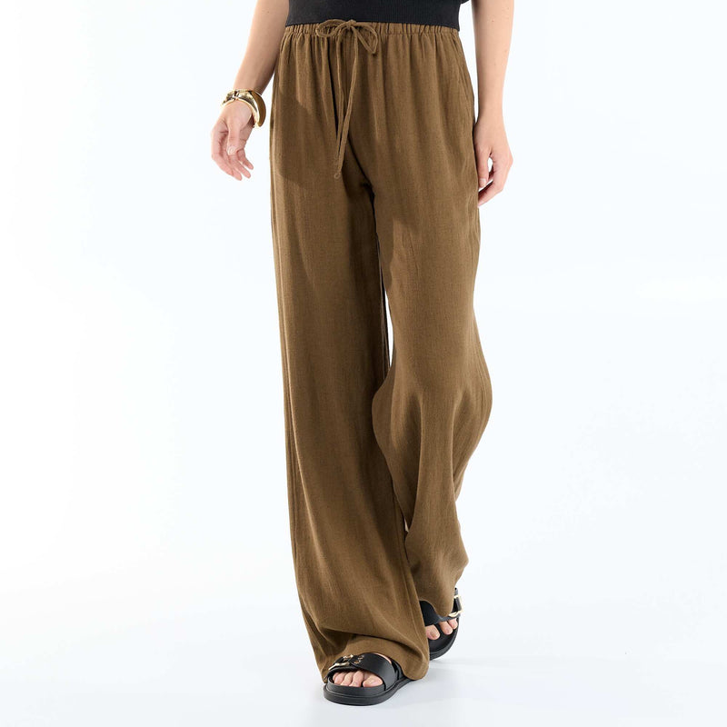 Pantalon large femme en lin à taille élastiquée