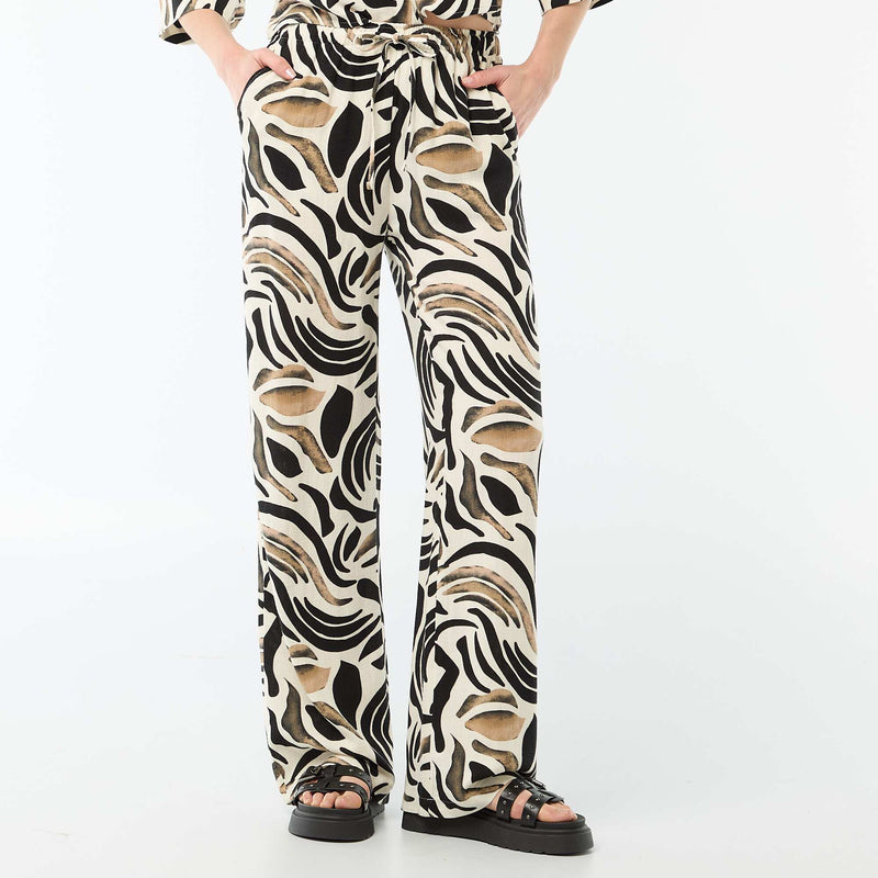 Pantalon large femme en lin à taille élastiquée