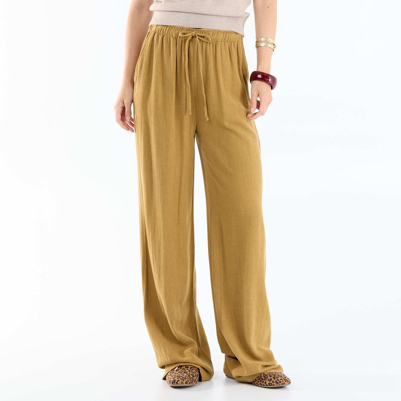 Pantalon large femme en lin à taille élastiquée