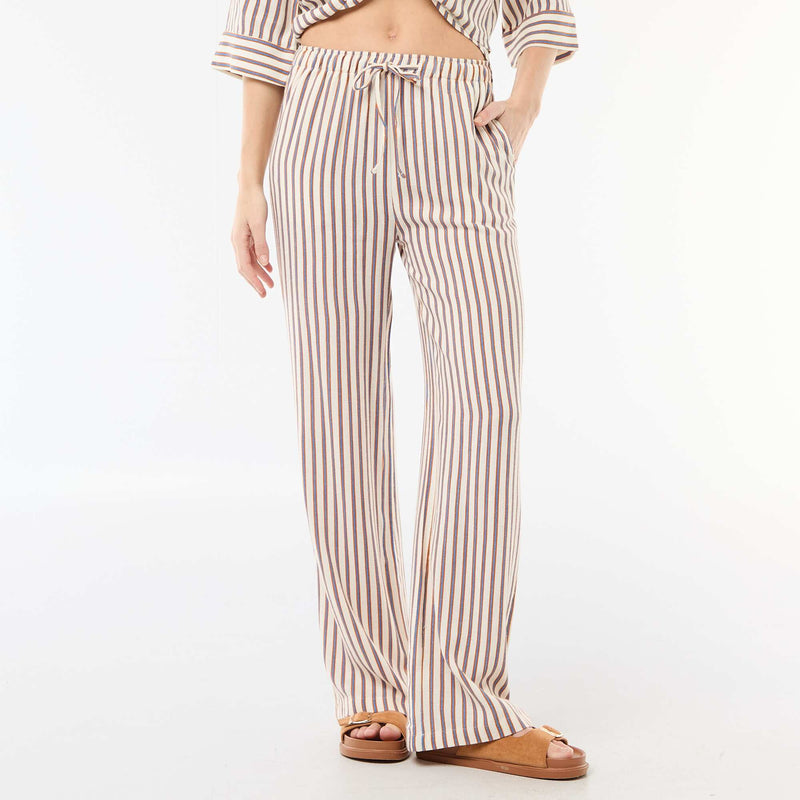 Pantalon large femme en lin à taille élastiquée