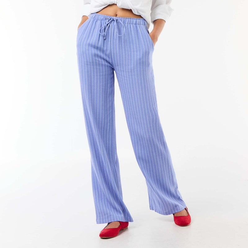 Pantalon large femme en lin à taille élastiquée