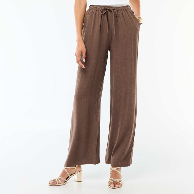 Pantalon large femme en lin à taille élastiquée