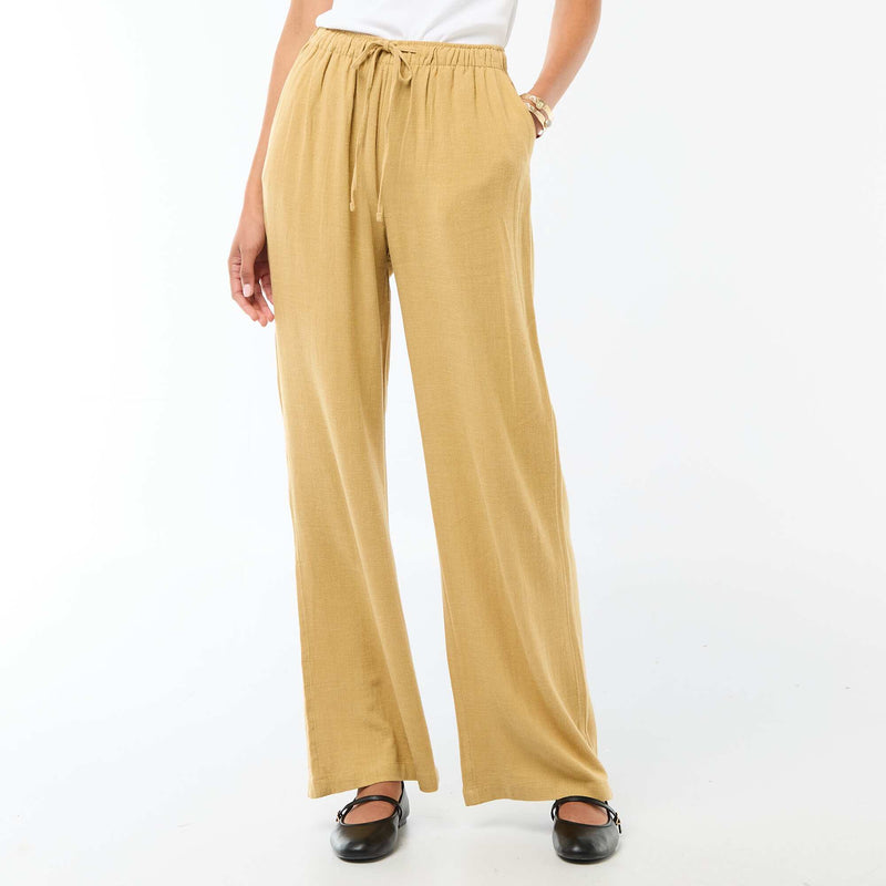 Pantalon large femme en lin à taille élastiquée