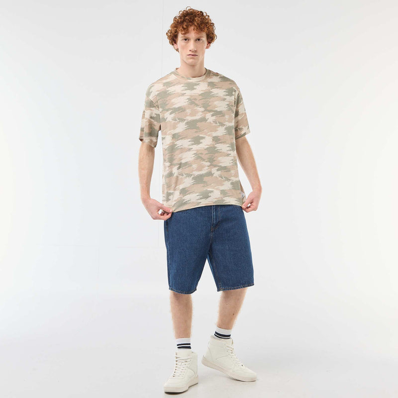 T-shirt col rond imprimé 'camouflage' en coton
