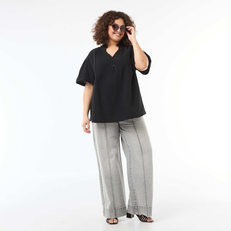 Blouse en gaze de coton avec col froncé