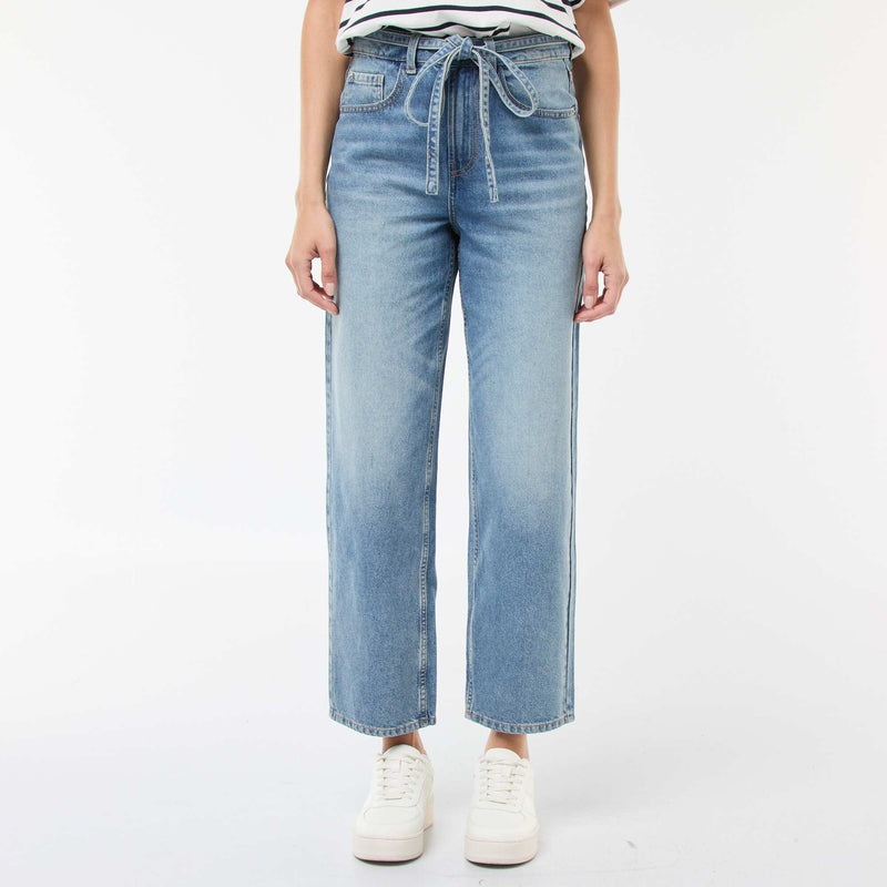 Pantalon denim barrel fit uni avec nœud