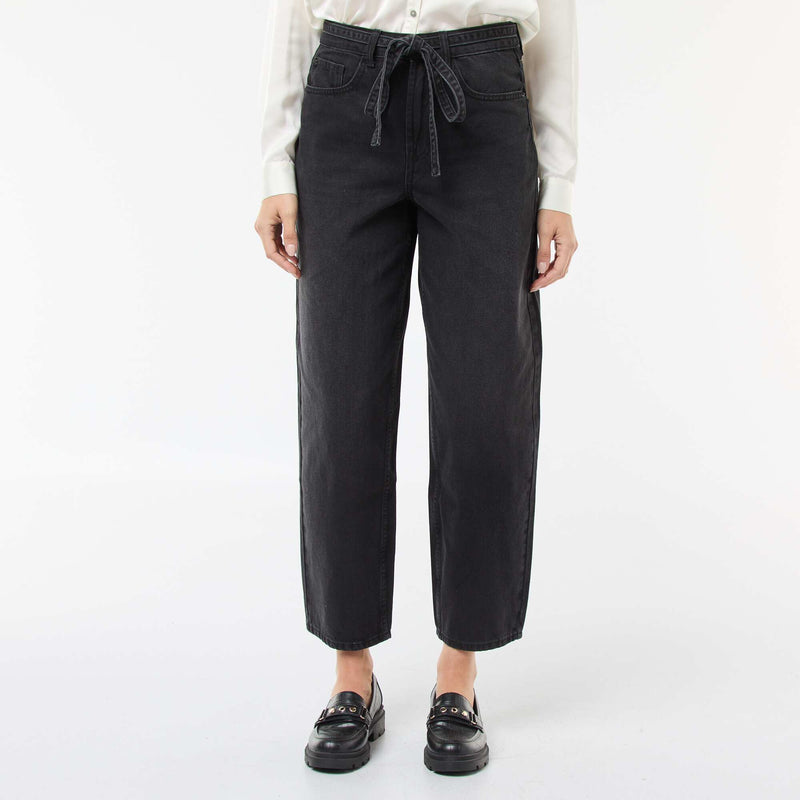 Pantalon denim barrel fit uni avec nœud