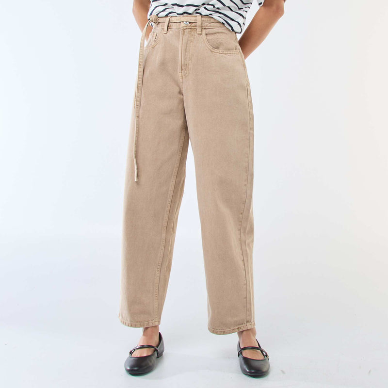 Pantalon denim barrel fit uni avec nœud