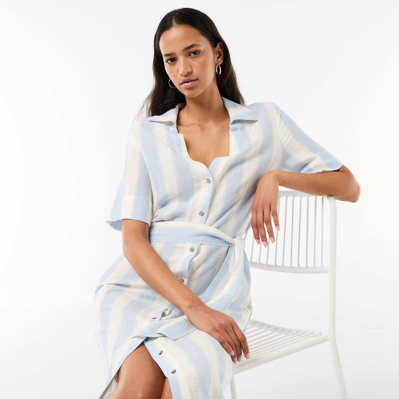 Robe chemise longue manches courtes en coton et lin