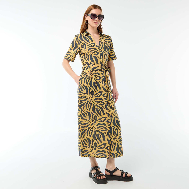 Robe chemise longue manches courtes en coton et lin