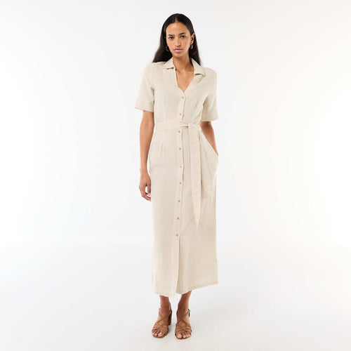 Robe chemise longue manches courtes en coton et lin