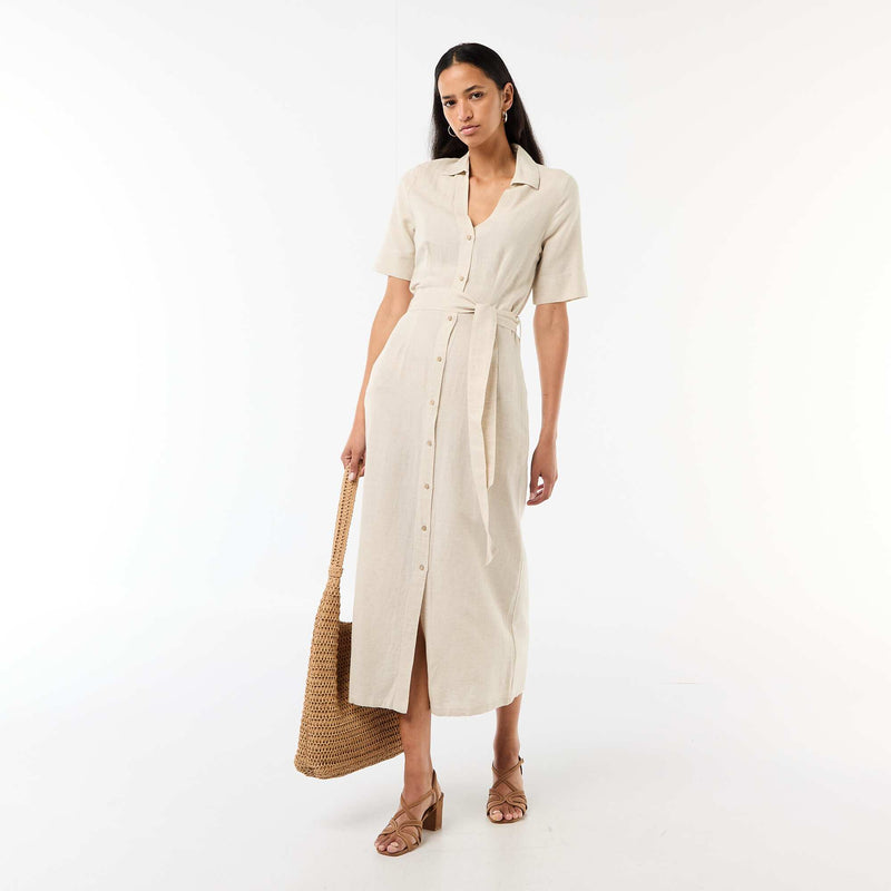 Robe chemise longue manches courtes en coton et lin