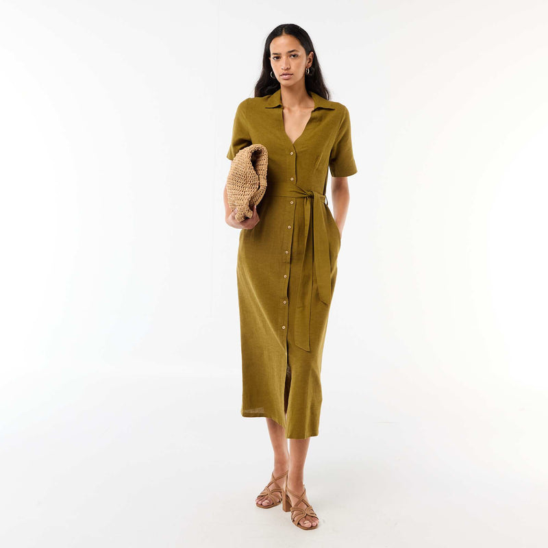 Robe chemise longue manches courtes en coton et lin