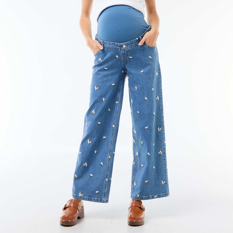 Pantalon grossesse avec ceinture stretch et motif brodé