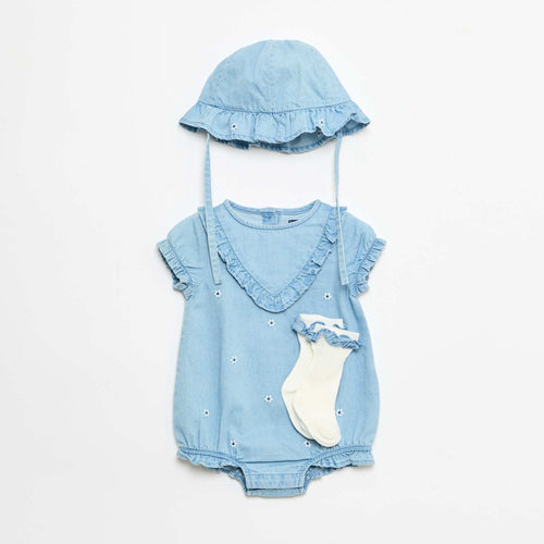 Ensemble 3 pièces  barboteuse + chapeau + chaussettes