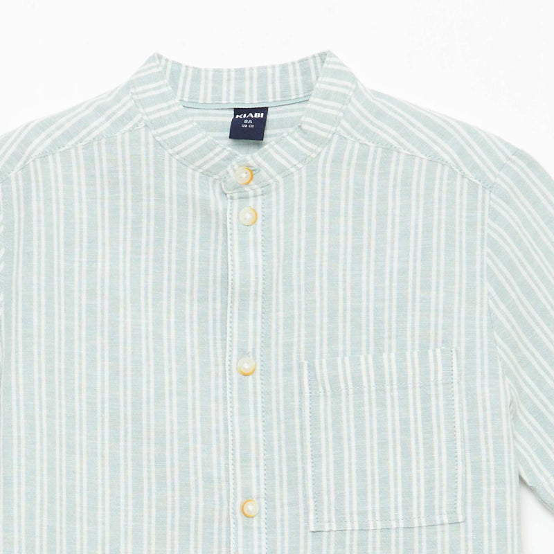 Chemise à col mao à manches courtes en coton et lin