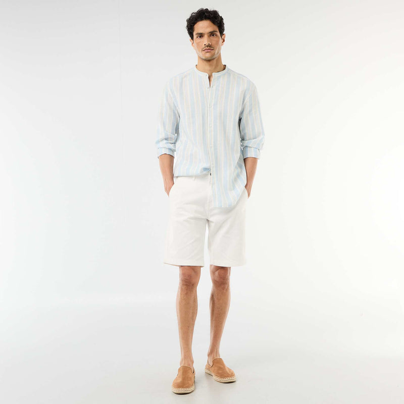 Chemise rayée col mao et manches retroussables